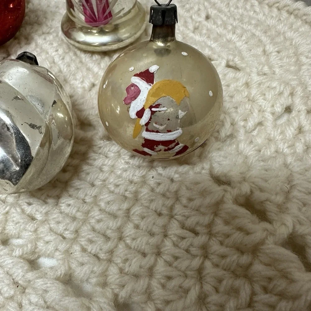 Vintage Poland Mixed Lot of 7 Christmas Ornaments Glass Bells Ident Painted